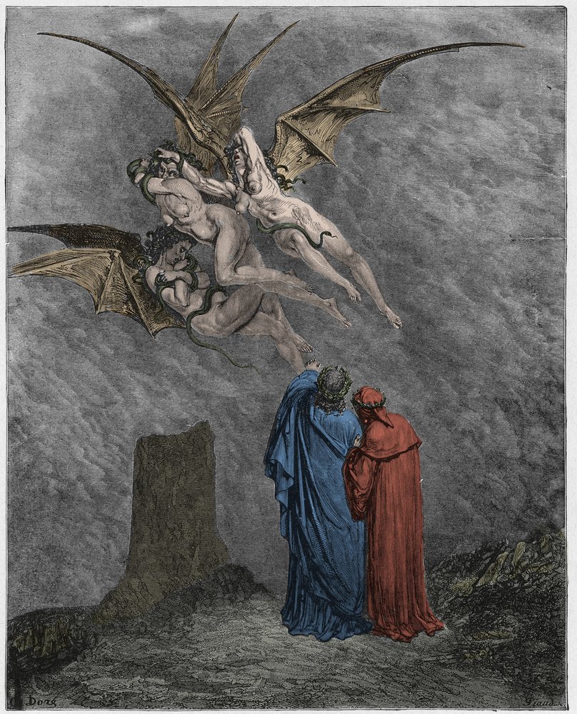 Infierno, canto 9: las horribles Erinias: Megera, Tisífone, Alecto de Gustave Dore