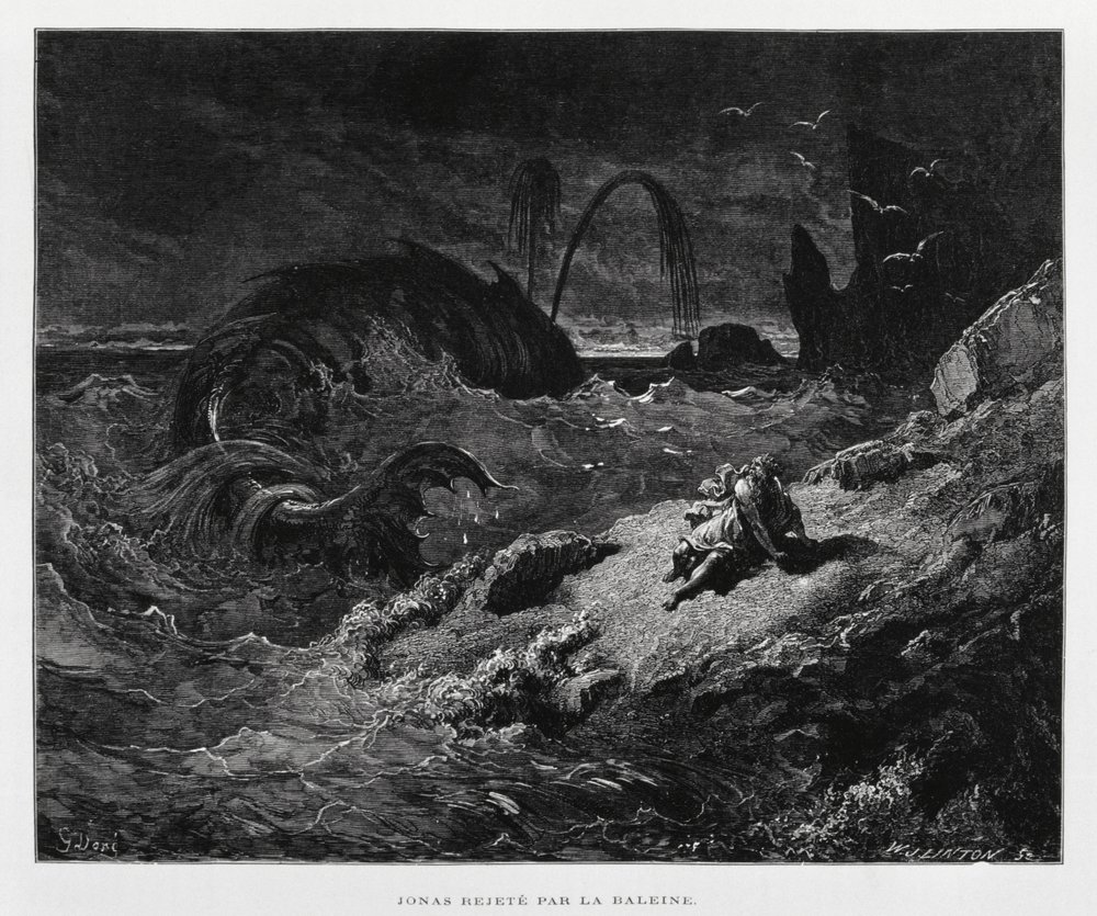 Jonás expulsado a tierra firme por la ballena, Ilustración de la Biblia de Dore de Gustave Dore