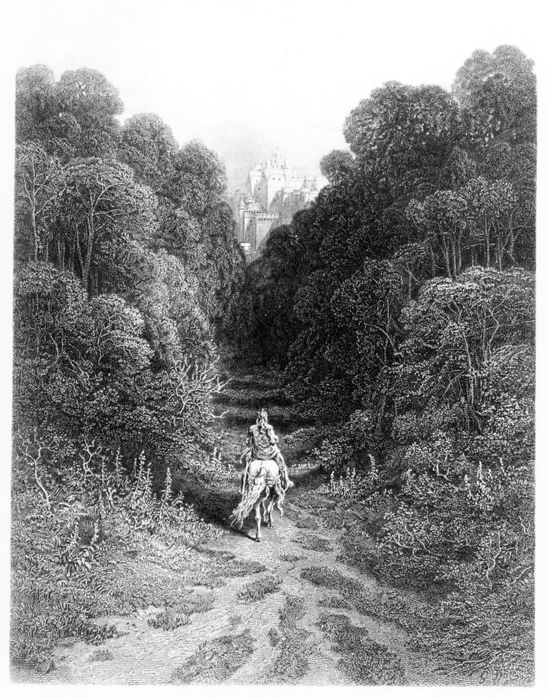 Lancelot se acerca al castillo de Astolat, ilustración de «Idylls of the King» de Alfred Tennyson de Gustave Dore