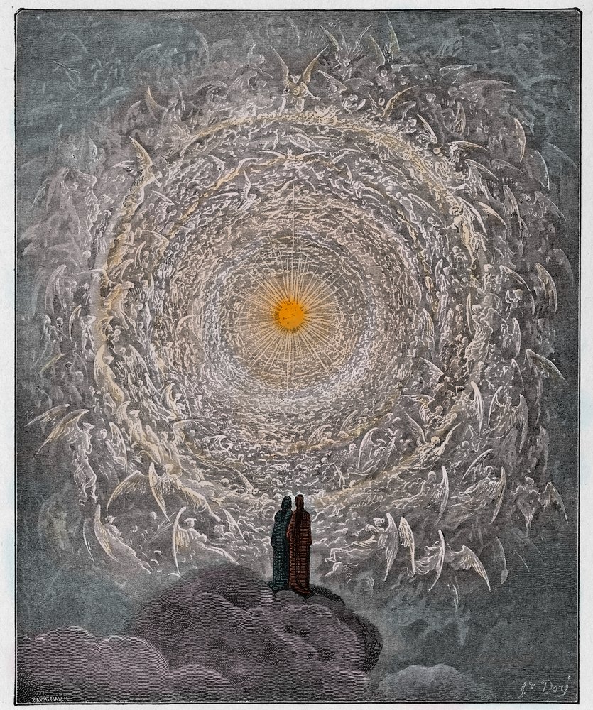 Paraíso, canto 31: La santa multitud forma una rosa en el empíreo de Gustave Dore