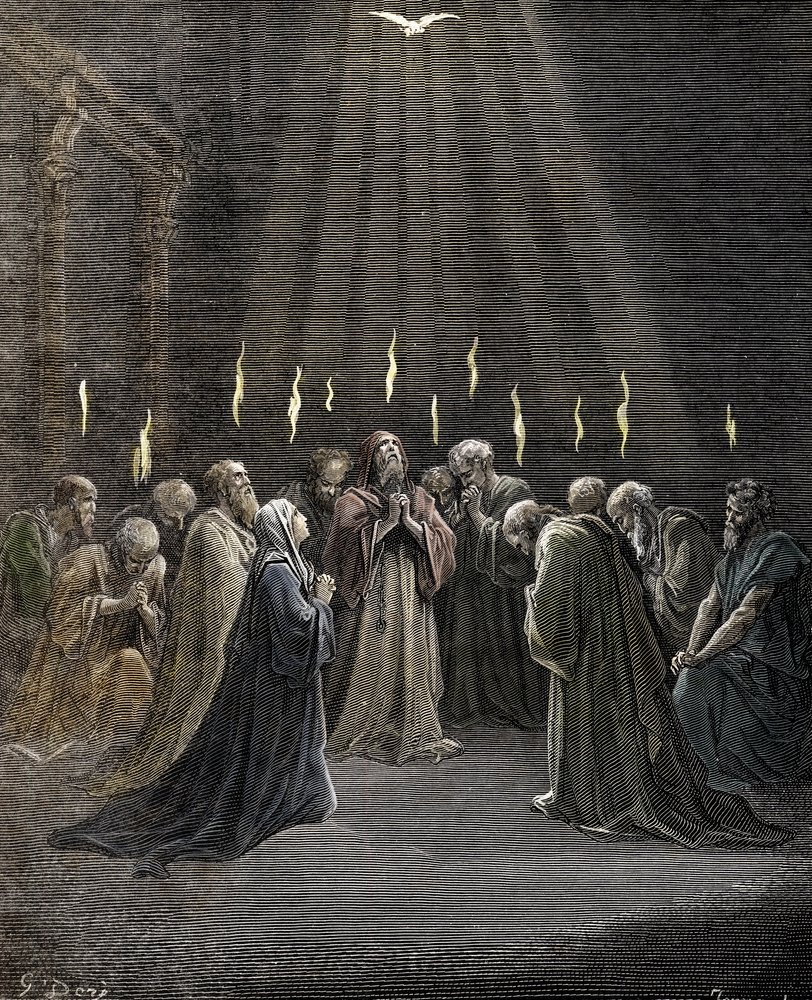Pentecostés, descenso del Espíritu Santo sobre los Apóstoles y otros seguidores de Jesucristo Grabado de Gustave Dore (1832-1883) de "La Bible" Colección particular de Gustave Dore
