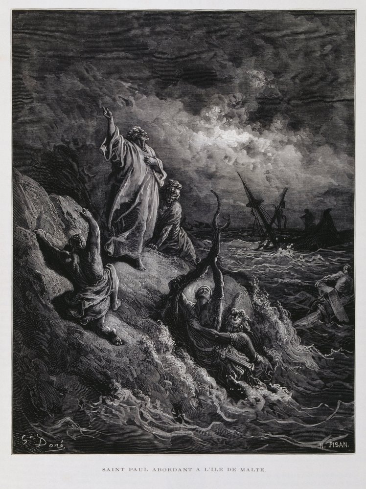 San Pablo desembarca en Malta, ilustración de la Biblia de Dore de Gustave Dore