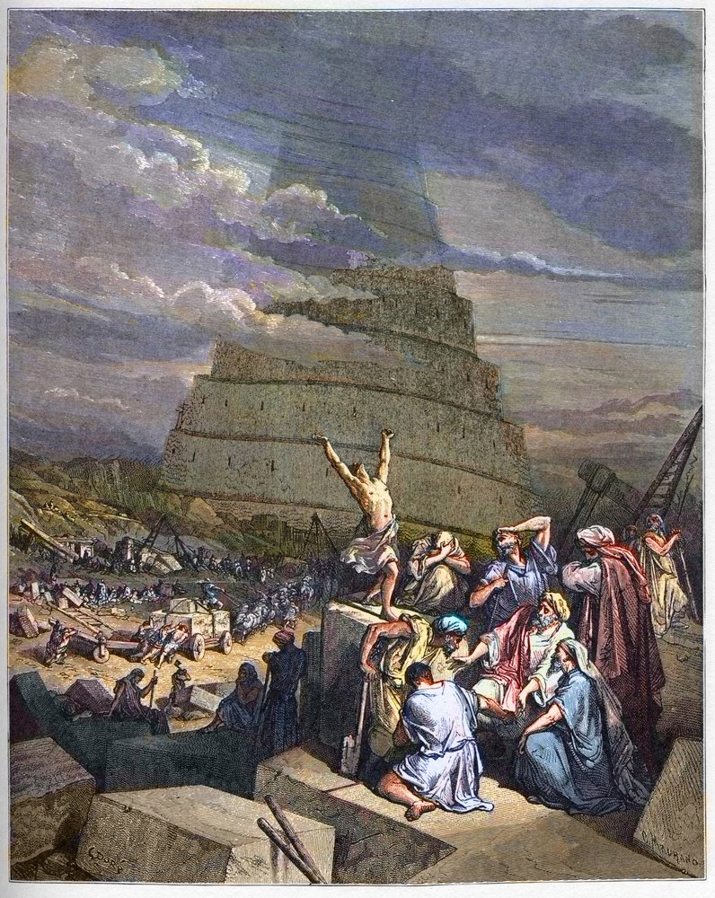 Torre de Babel - La Torre de Babel ilustración del Génesis y la confusión de lenguas por Yahvé. A la derecha, el rey Nimrod discute con los arquitectos - grabado en 