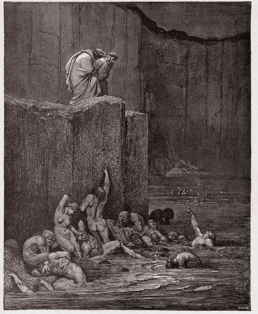 La Divina Comedia (La Divina Commedia, La Divine Comedie), Infierno, Canto 18: Amantes y aduladores en el octavo círculo - por Dante Alighieri (1265-1321) - Ilustración de Gustave Doré (1832-1883) de Gustave Dore