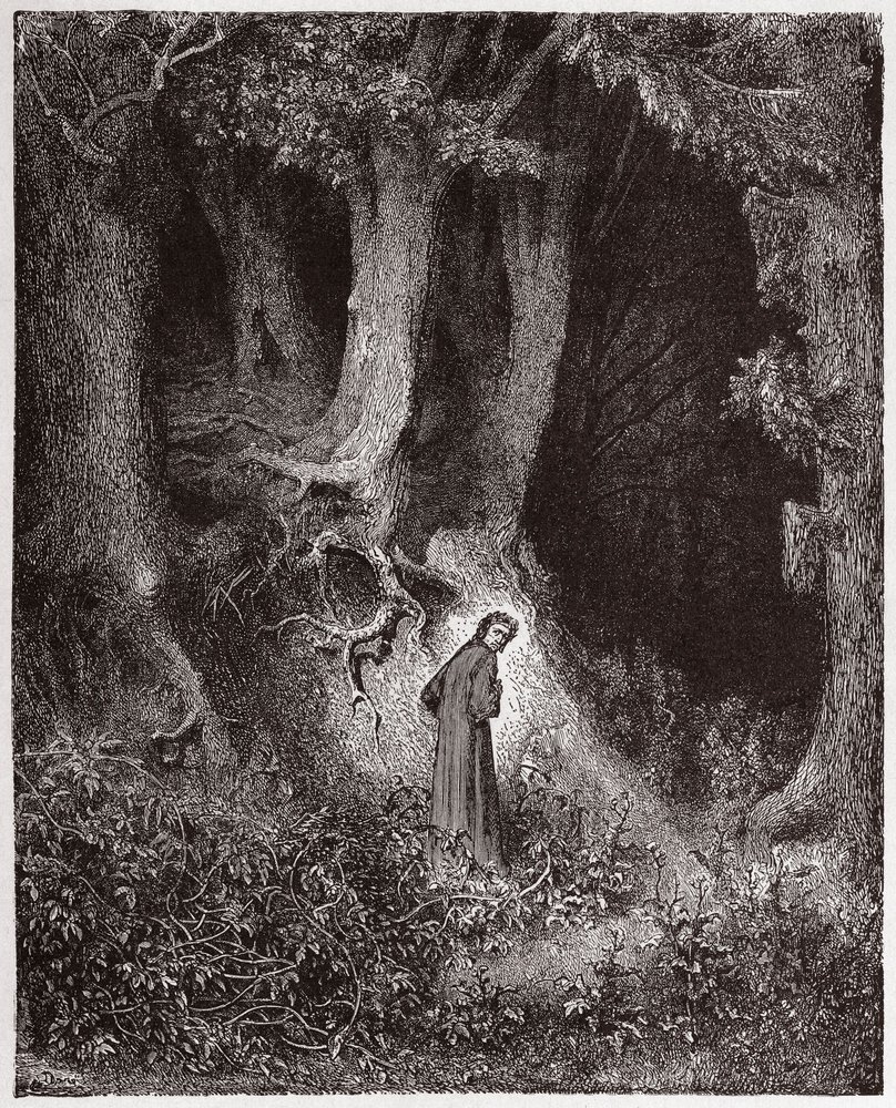 La Divina Comedia (La Divina Commedia, La Divine Comédie), Infierno, canto 1: Dante en la selva salvaje - de Dante Alighieri (1265-1321) - Ilustración de Gustave Doré (1832-1883) de Gustave Dore