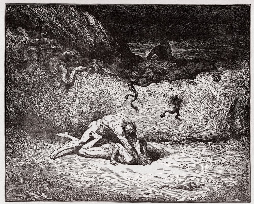 La Divina Comedia (La Divina Commedia, La Divine Comédie), Infierno, canto 30: El tormento de los falsificadores en la novena bolgia (Gianni Schicchi) - de Dante Alighieri (1265-1321) - Ilustración de Gustave Doré (1832-1883) de Gustave Dore
