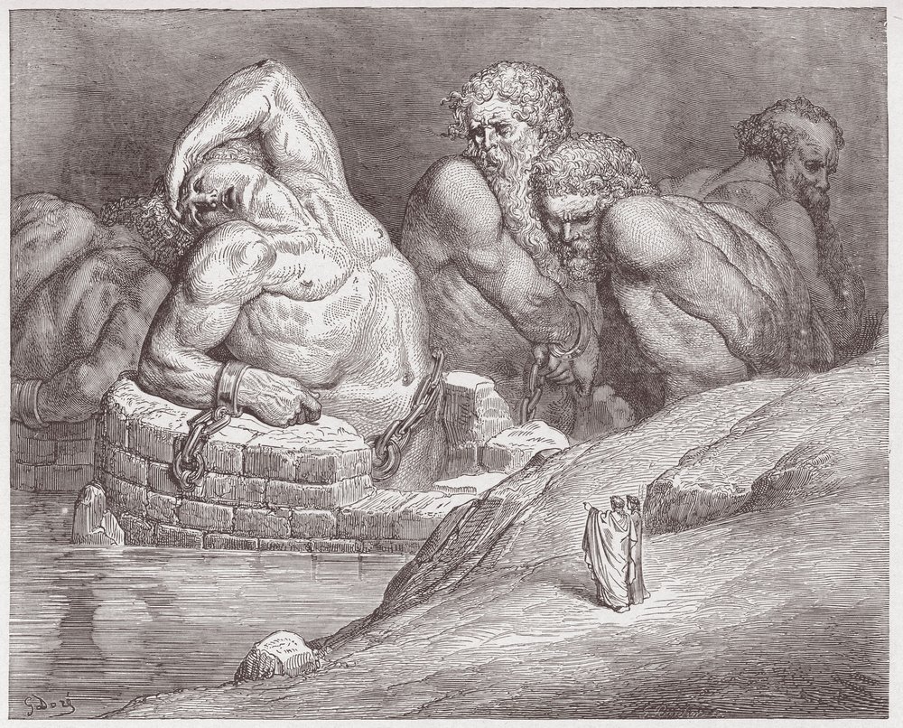 La Divina Comedia, Infierno, Canto 31: Efialtes encadenado entre los gigantes - Ilustración de Gustave Doré de Gustave Dore
