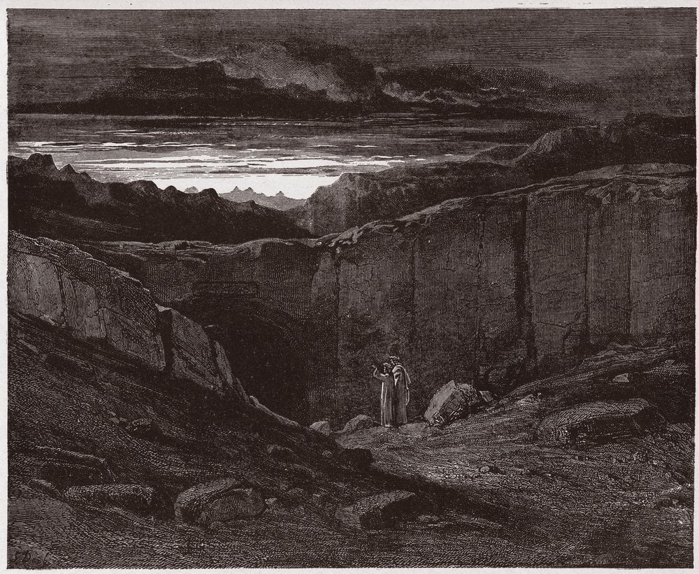 La Divina Comedia (La Divina Commedia, La Divine Comédie), Infierno, canto 3: Virgilio y Dante ante las puertas del Infierno - de Dante Alighieri (1265-1321) - Ilustración de Gustave Doré (1832-1883) de Gustave Dore