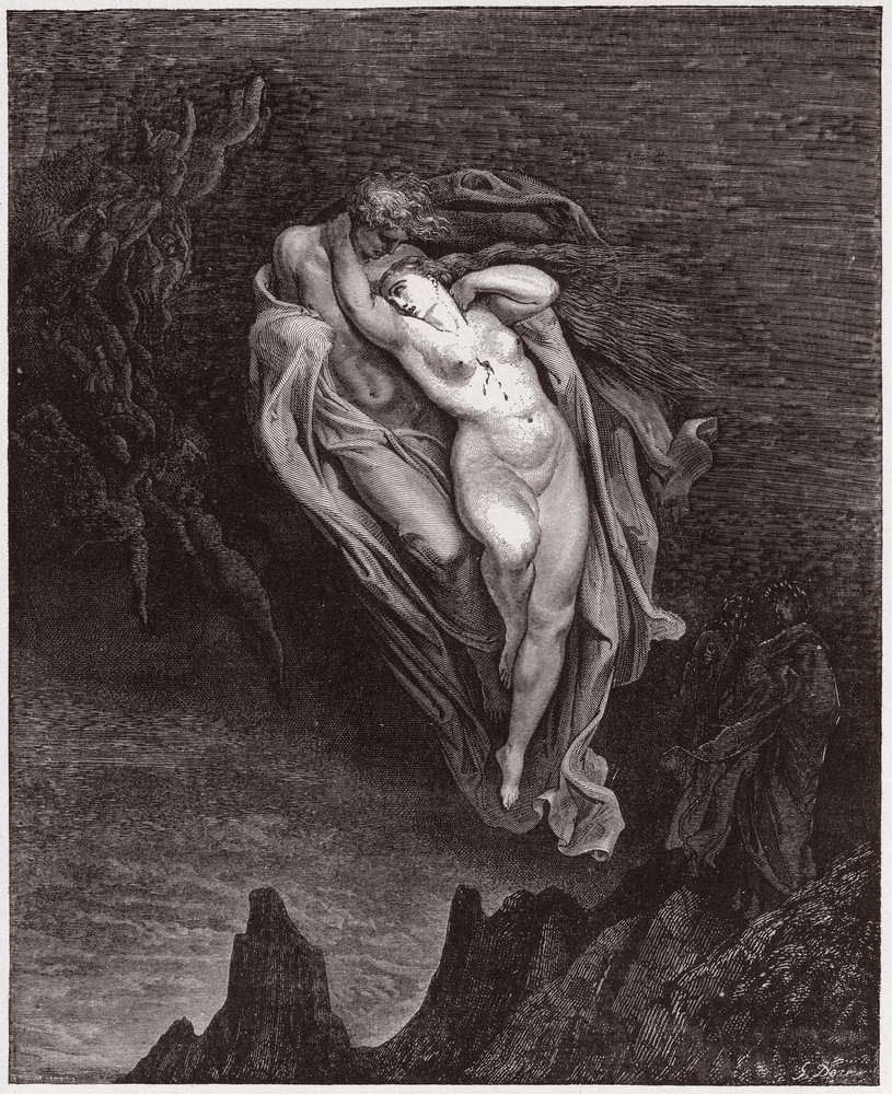 La Divina Comedia (La Divina Commedia, La Divine Comédie), Infierno, canto 5: Las almas de Paolo y Francesca - de Dante Alighieri (1265-1321) - Ilustración de Gustave Doré (1832-1883) de Gustave Dore