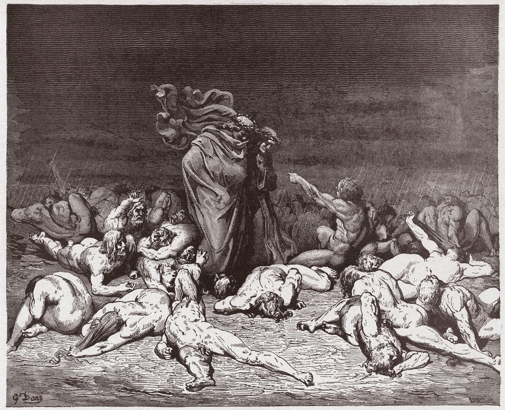La Divina Comedia, Infierno, Canto 6: Los glotones azotados por la lluvia eterna - de Dante Alighieri (1265-1321) - Ilustración de Gustave Doré (1832-1883) de Gustave Dore