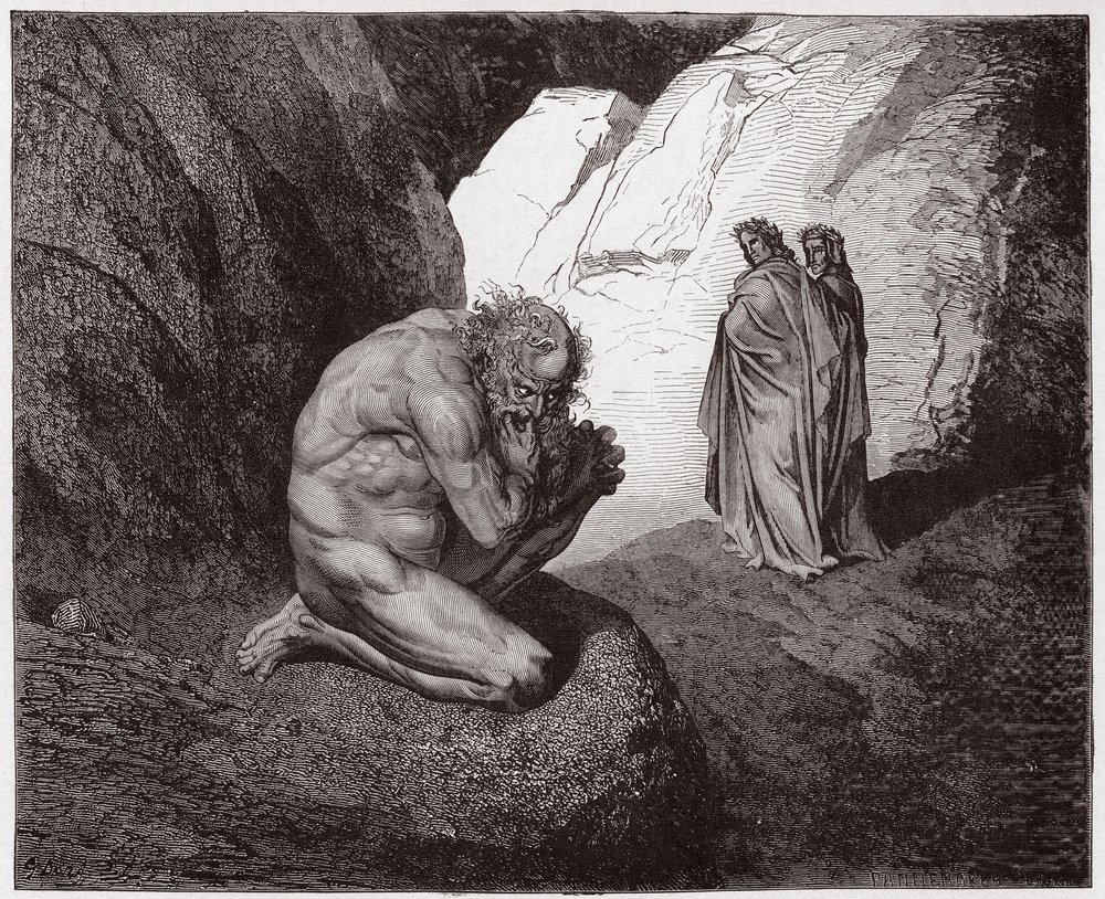 La Divina Comedia, Infierno, Canto 7: Virgilio reprende a Plutón a la entrada del cuarto círculo - de Dante Alighieri (1265-1321) - Ilustración de Gustave Doré (1832-1883) de Gustave Dore