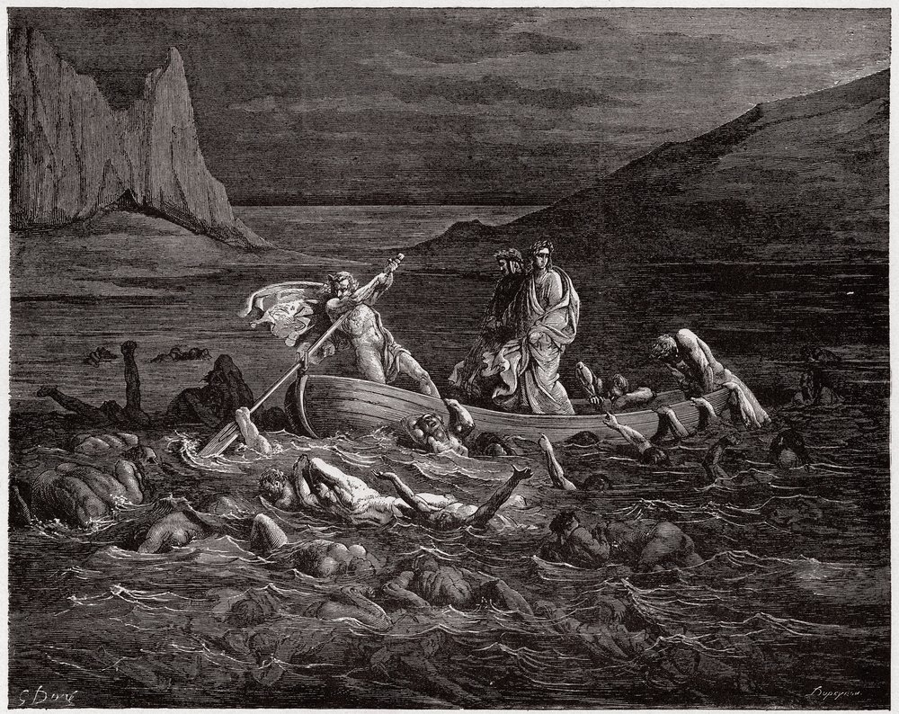 La Divina Comedia, Infierno, Canto 8: Flegias transporta a Dante y Virgilio a través de la Estigia - de Dante Alighieri (1265-1321) - Ilustración de Gustave Doré (1832-1883) de Gustave Dore