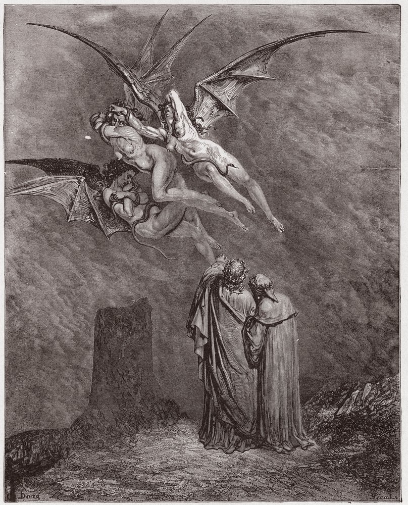 La Divina Comedia (La Divina Commedia, La Divine Comédie), Infierno, canto 9: Las horribles Erinias: Megera, Tisífone, Alecto - de Dante Alighieri (1265-1321) - Ilustración de Gustave Doré (1832-1883) de Gustave Dore