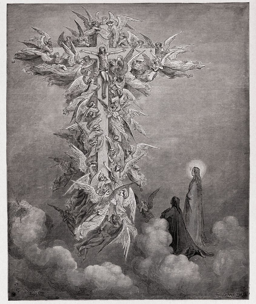 La Divina Comedia, Paraíso, canto 14: Dante y Beatriz ven a los ángeles con Cristo en la cruz - de Dante Alighieri (1265-1321) - Ilustración de Gustave Doré (1832-1883) de Gustave Dore