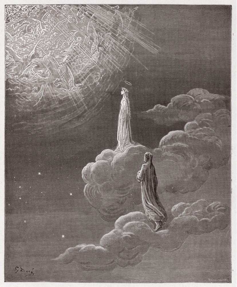 La Divina Comedia (La Divina Commedia, La Divine Comédie), Paraíso, Canto 14: Dante y Beatriz trasladados a la esfera de Marte - de Dante Alighieri (1265-1321) - Ilustración de Gustave Doré (1832-1883) de Gustave Dore