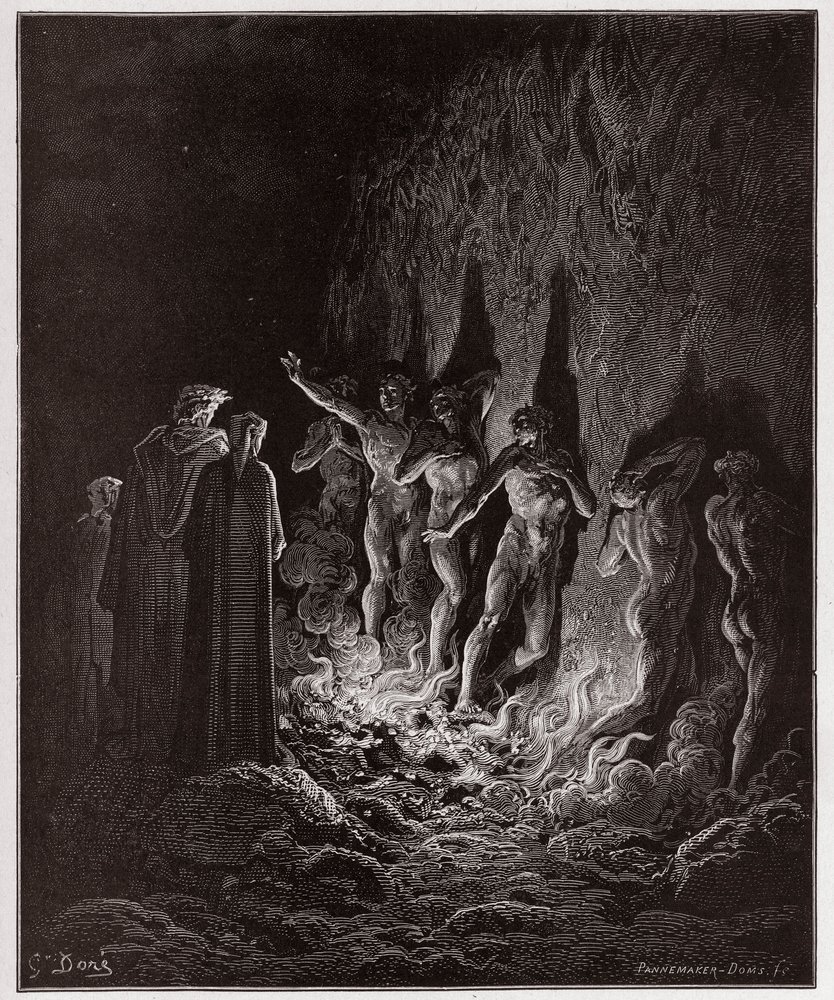 La Divina Comedia, Purgatorio, Canto 25: Los lujuriosos atraviesan el fuego en el séptimo círculo - de Dante Alighieri (1265-1321) - Ilustración de Gustave Doré (1832-1883) de Gustave Dore