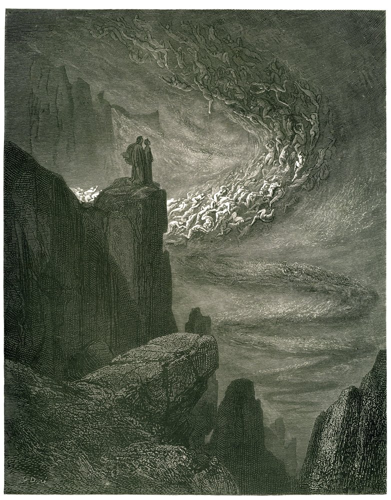 El Infierno de Dante Alighieri, la Divina Comedia, ilustrado por Gustave Doré. Edición francesa de 1861. «La bufera infernal, che mai non resta / Mena gli spirti con la sua rapina. (El huracán infernal, que nunca cesa, arrastra a los espíritus en su de Gustave Dore