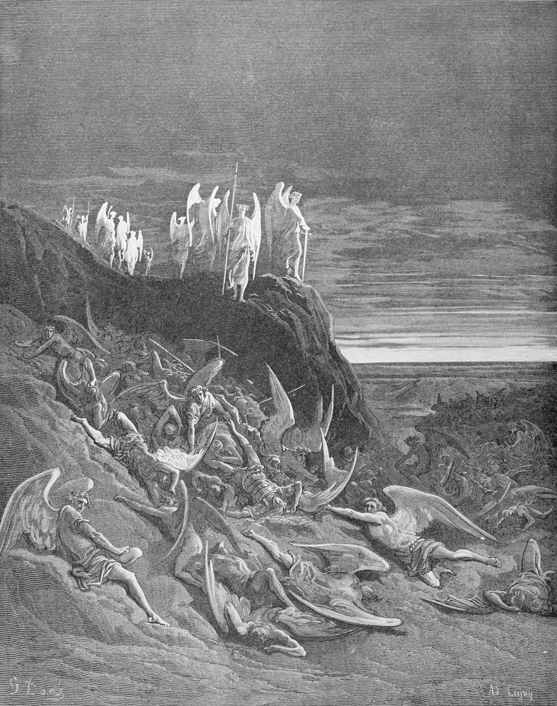 La guerra en el cielo, del libro VI de «El paraíso perdido» de John Milton (1608-74), grabado por A. Ligny, hacia 1868 de Gustave Dore
