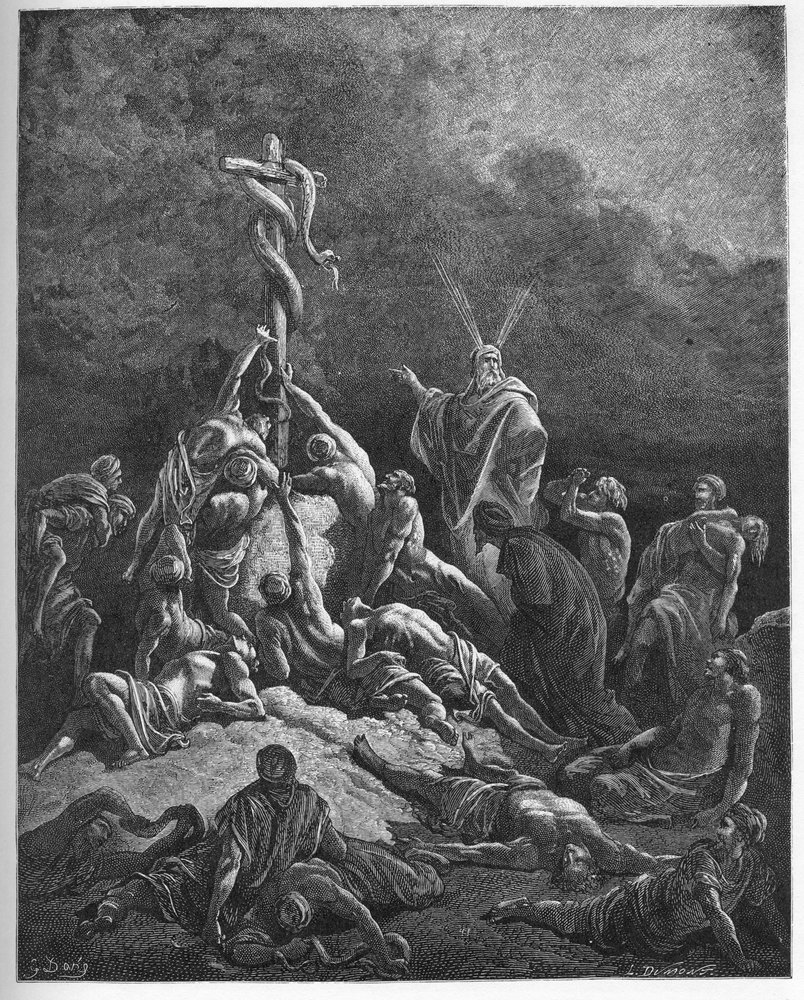 La serpiente de bronce - «La serpiente de bronce» - Libro del Éxodo (nahash), la transformación de la vara de Moisés en serpiente - Moisés y la serpiente de bronce - grabado en «La Biblia ilustrada» de Gustave Doré (1832-1883) - grabado de «La Biblia de de Gustave Dore