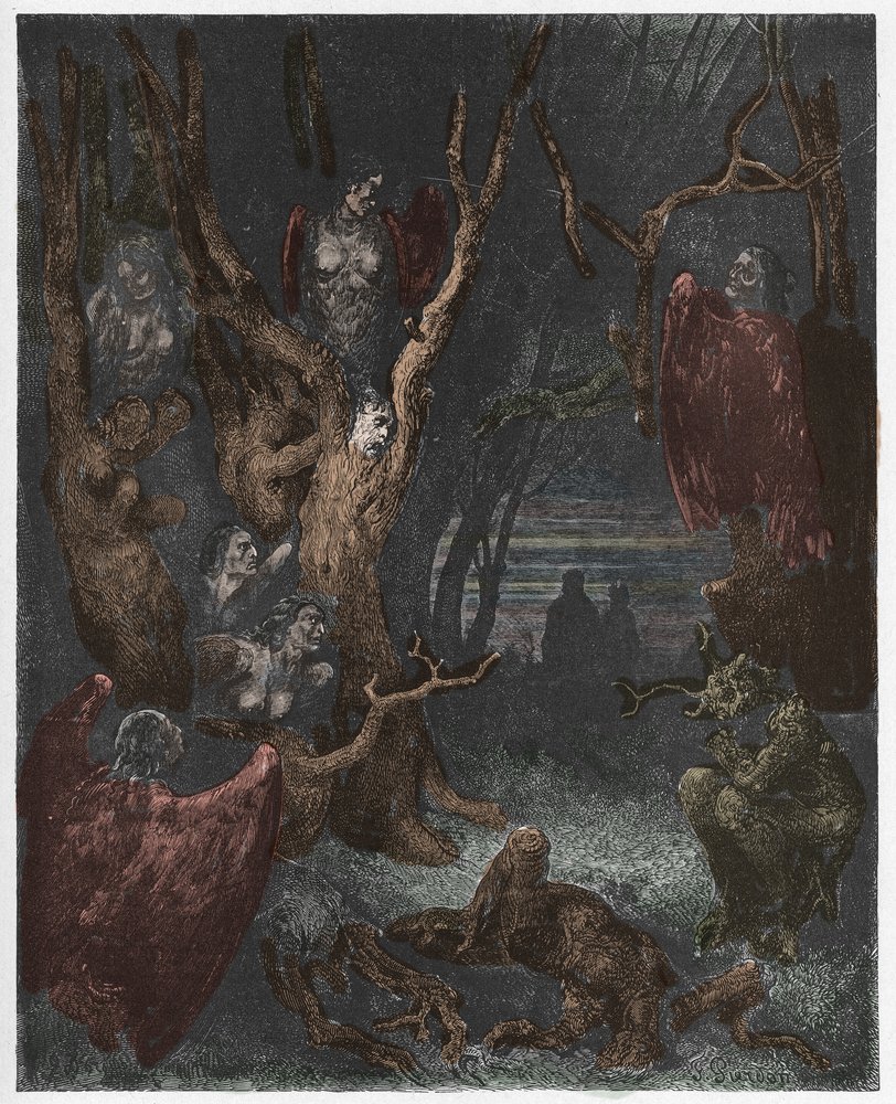 Infierno, canto 13: Las arpías en el bosque de los suicidas, ilustración de la Divina Comedia de Dante Alighieri, 1885 de Gustave after Dore
