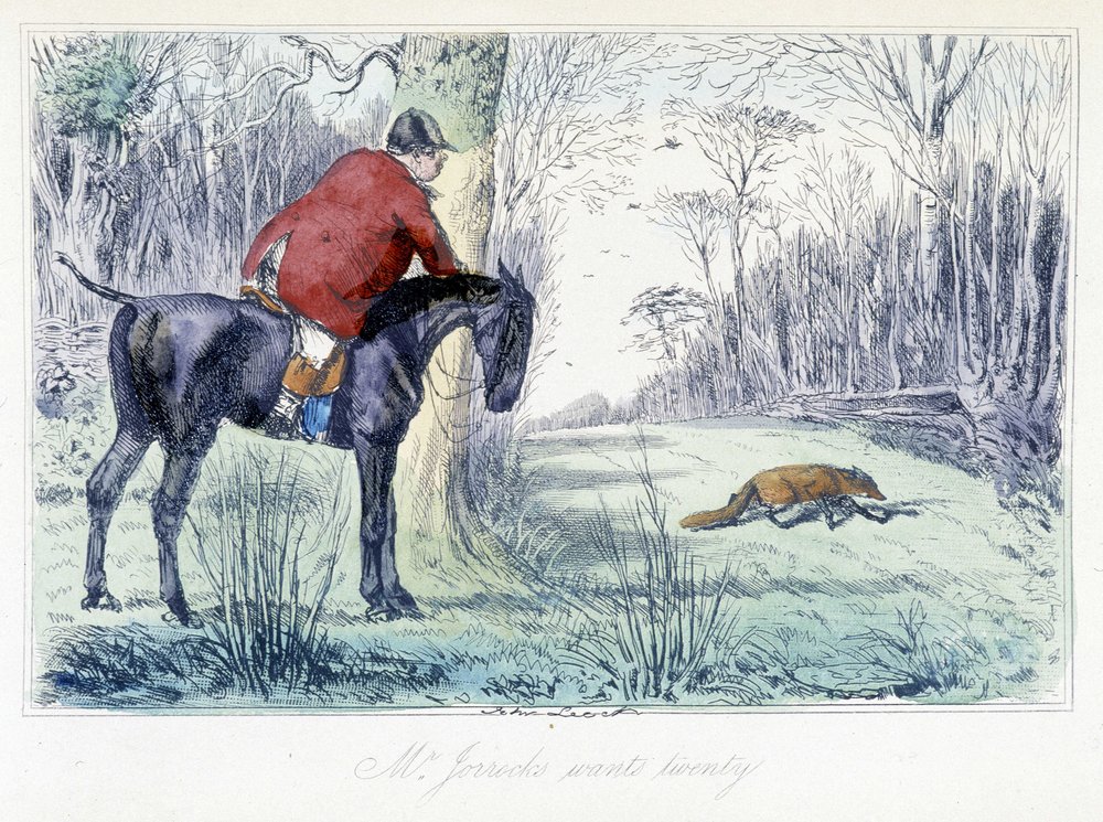 Escena de caza a caballo. Caricatura inglesa sobre la caza del zorro de "Aventuras de Thomas Scott o Hawbuck Grange", ilustración de H.K. Browne y W.T. Maud. de Hablot Knight Browne