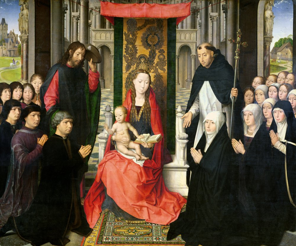 La Virgen con el Niño, san Santiago y santo Domingo presentando a los donantes y a su familia, conocida como la Virgen de Jacques Floreins, hacia 1490 de Hans Memling