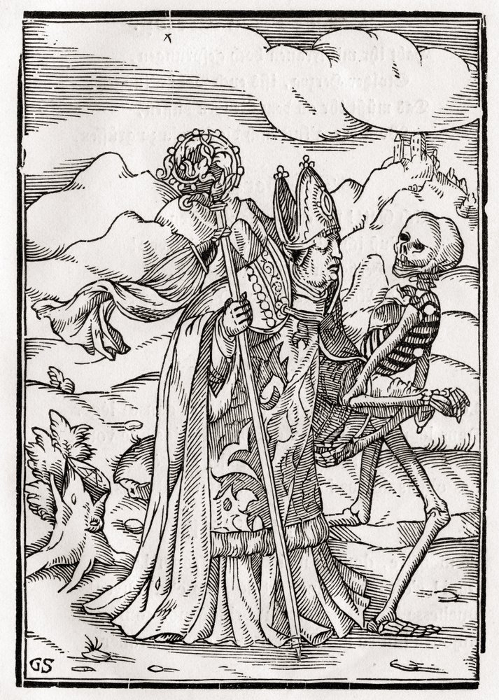 La muerte llega al obispo, grabado por Georg Scharffenberg, de 