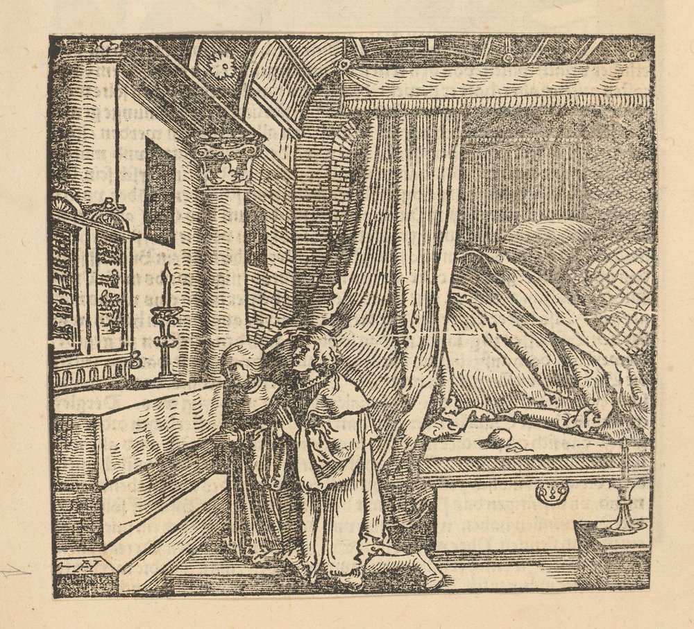 Dos personas rezando en un dormitorio. de Hans Schäufelein (possibly)