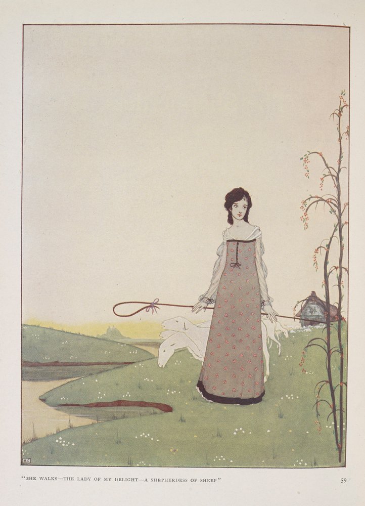 "Ella camina- la dama de mi deleite- una pastora de ovejas." Ilustración de La pastora, de Alice Meynell. de Harry Clarke