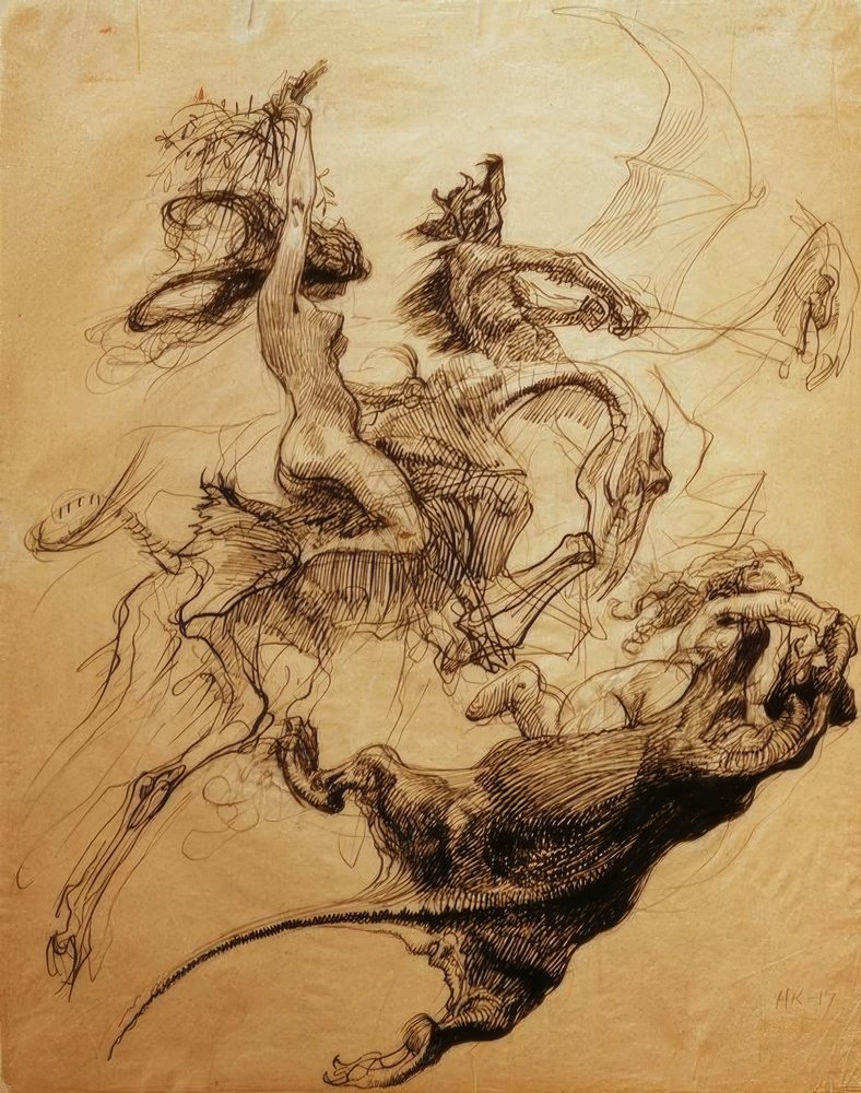 Mujer desnuda montando un esqueleto y diablo montando un pterodáctilo de Heinrich Kley