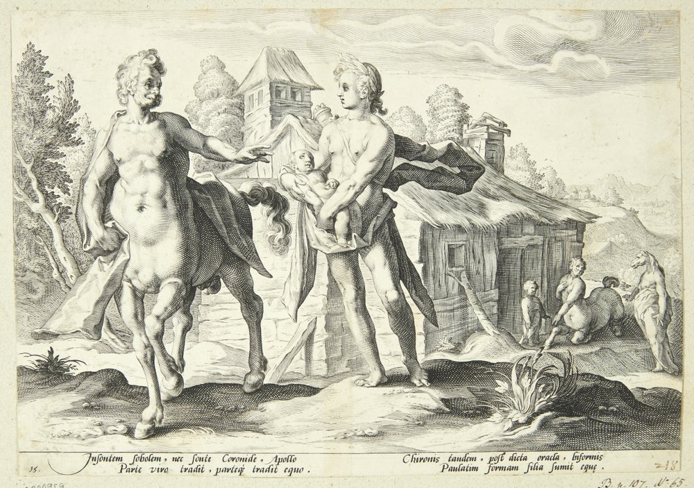 Apolo confía la educación de Asclepio a Quirón de Hendrick Goltzius