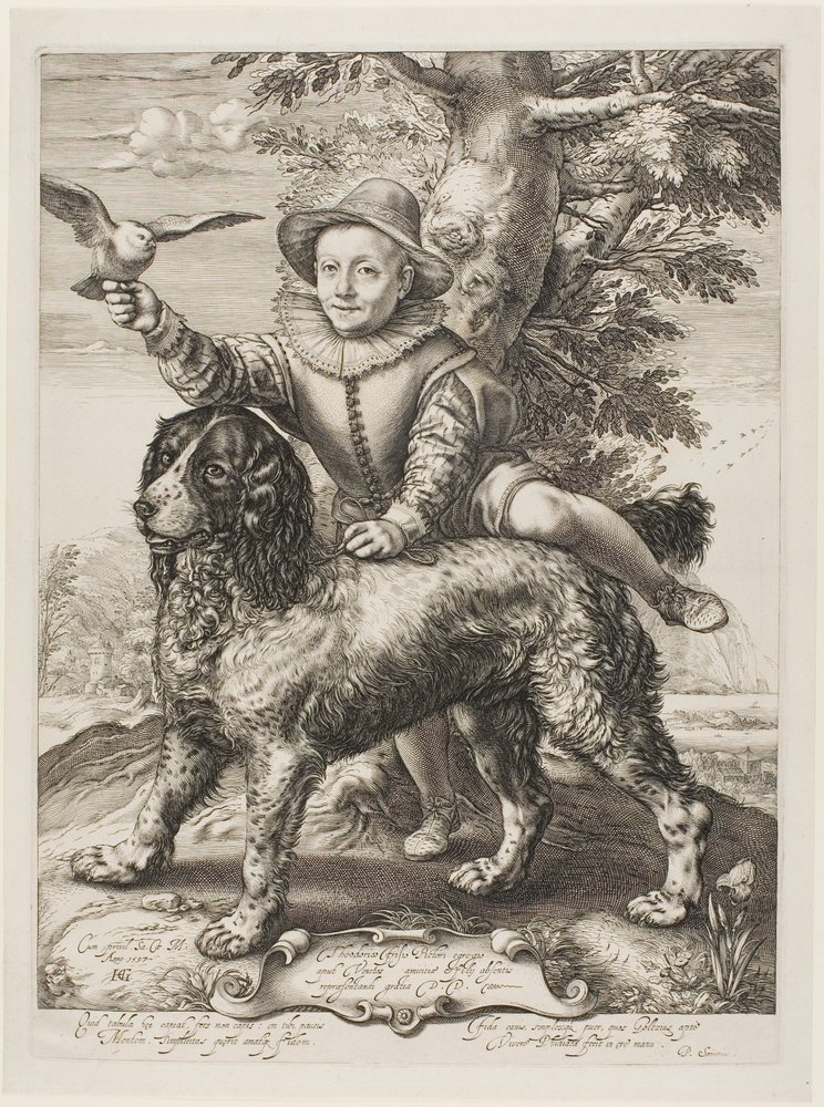 Vries, Frederik de (fallecido en 1613) hijo del pintor Dirck de Vries, alumno de Goltzius, con el perro de Goltzius de Hendrick Goltzius