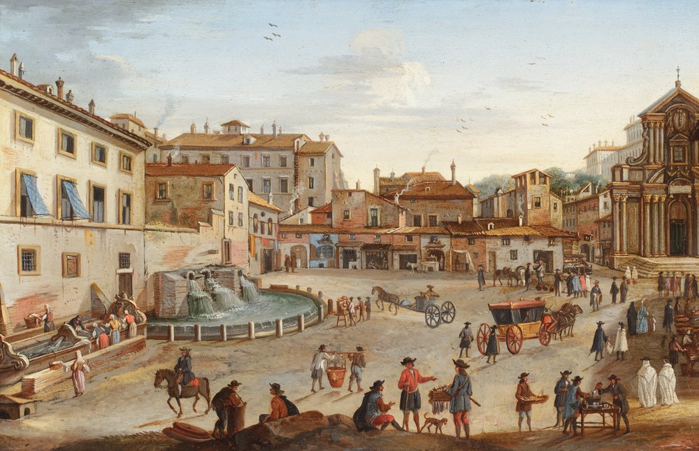 Roma, vista del Palacio Barberini con numerosas figuras (óleo sobre cobre) de Hendrik Frans van called lo Studio (circle of) Lint