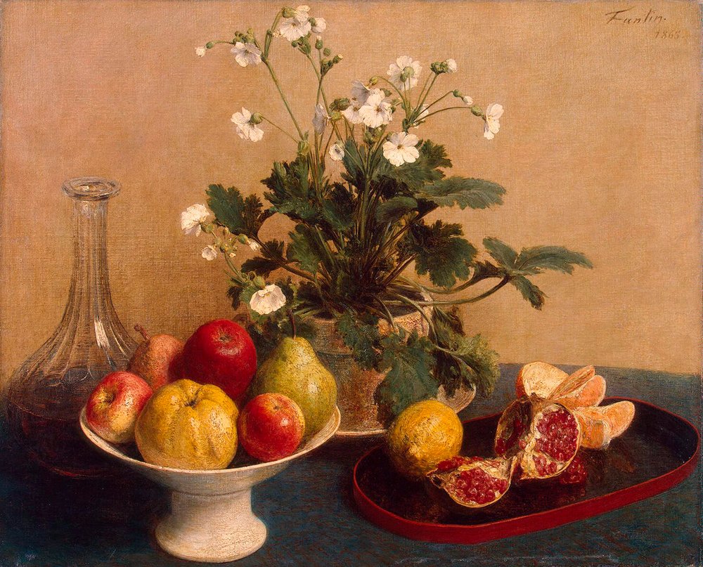 Flores, Plato con Fruta y Garrafa, 1865 de Ignace Henri Jean Fantin-Latour