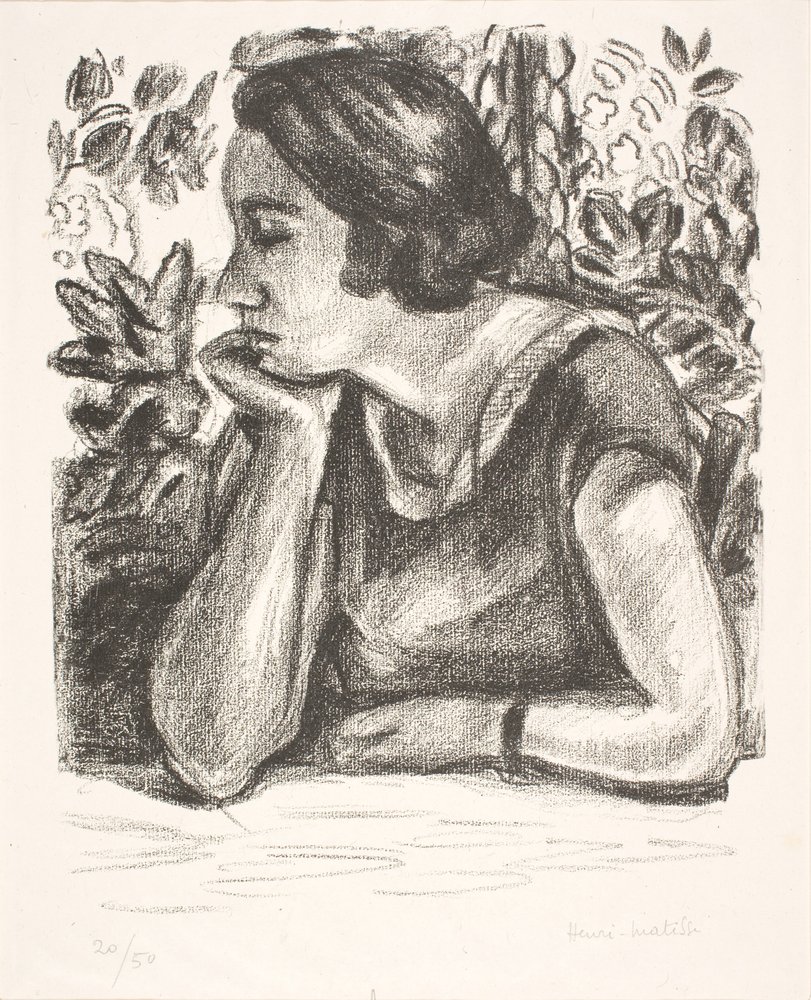 Retrato de busto de una dama con la barbilla apoyada en la mano derecha de Henri Matisse