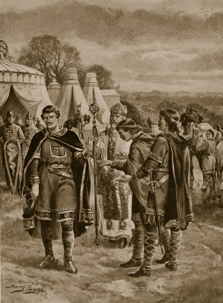 Guillermo recibe el ofrecimiento de la corona en Berkhampstead, 1066, ilustración de «La historia de la nación» de Henry A. Payne