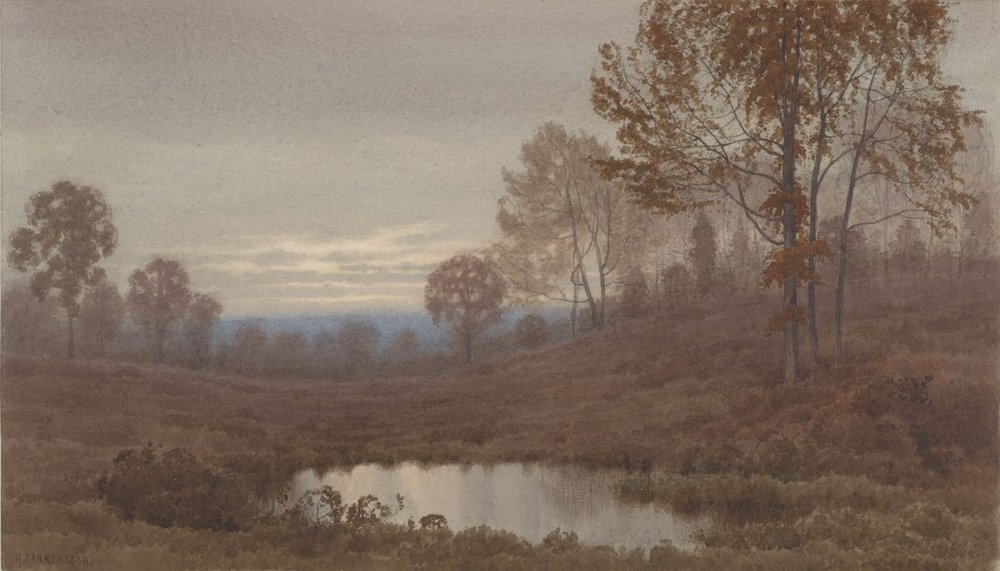 Paisaje al atardecer con estanque de Henry Farrer