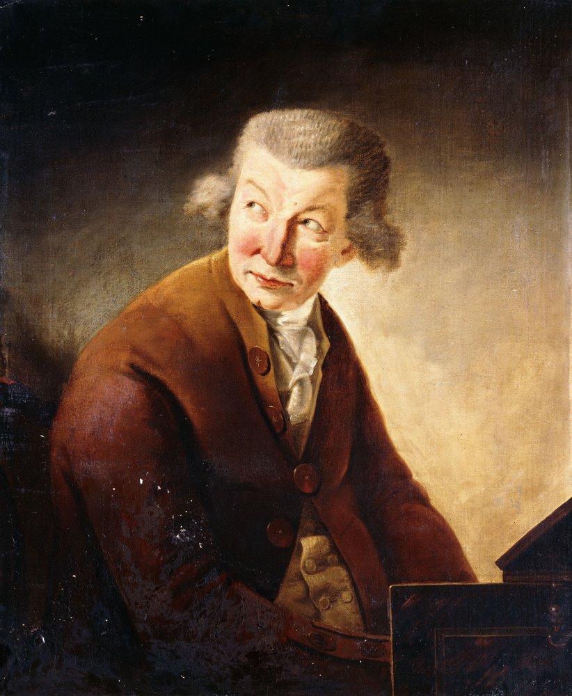 Retrato de un caballero, identificado como Franz Joseph Haydn, medio cuerpo, en un pianoforte de Johann Heinrich Füssli