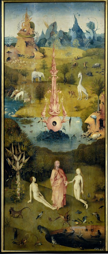 El Paraíso, la creación de Adán y Eva (panel izquierdo de «El jardín de las delicias») de Hieronymus Bosch