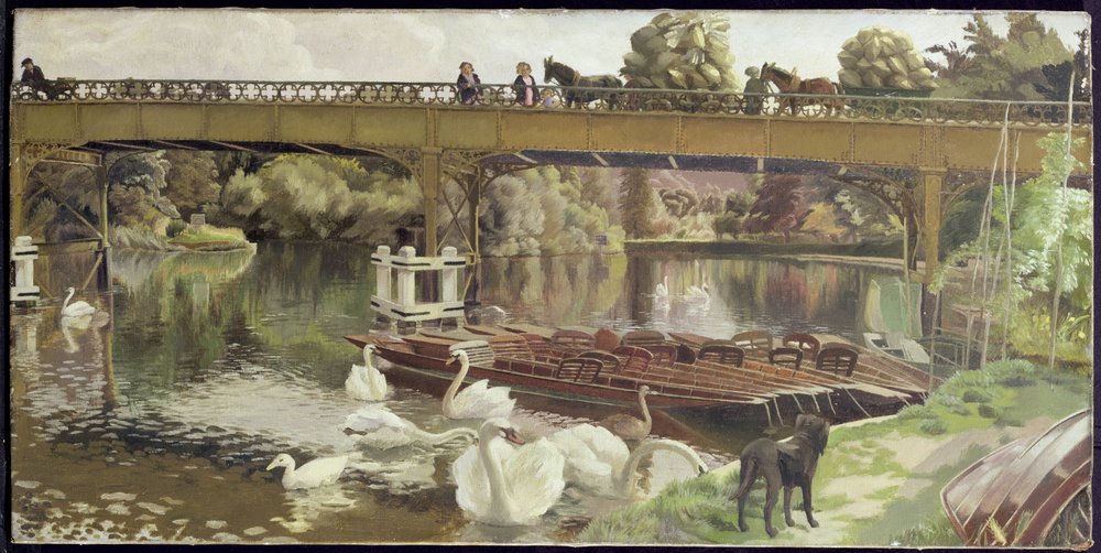 Swans, Cookham Bridge (óleo sobre lienzo) | Hilda Carline