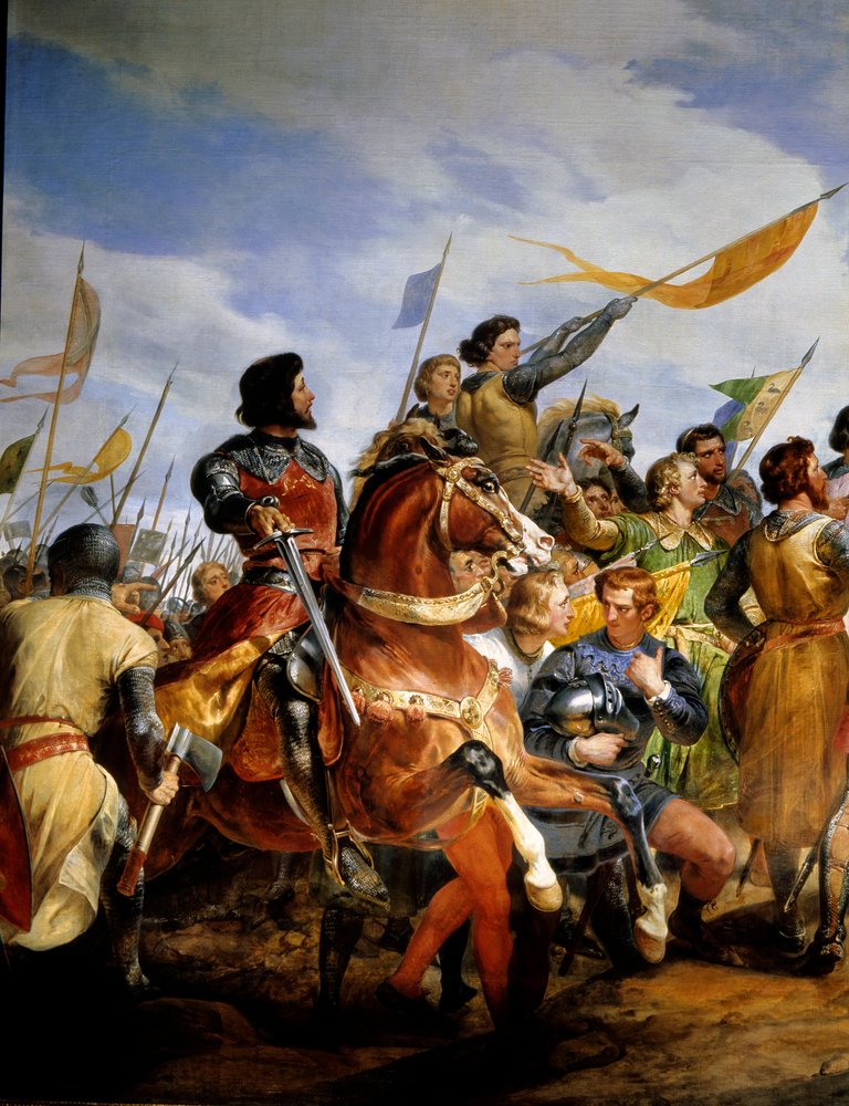 Guerra franco-inglesa (1202-1214): "la Batalla de Bouvines el 27/07/1214, Felipe Augusto pone en juego la corona de Francia". Se opuso el ejército francés de Felipe Augusto contra los flamencos y güelfos de Otón IV. La victoria francesa fue decisiva en la de Emile Jean Horace Vernet
