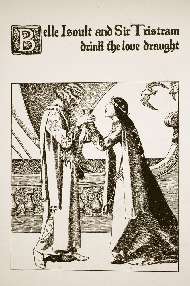 Belle Isoult y Sir Tristram beben el brebaje de amor, ilustración de 