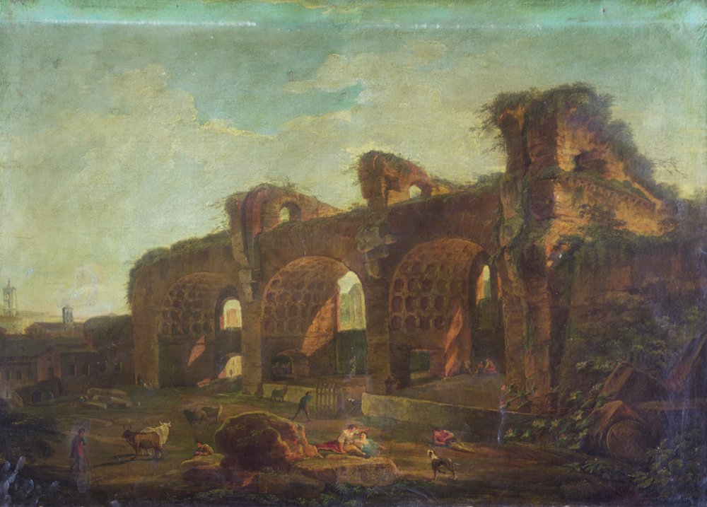 La Basílica de Majencio en el Foro Romano con Campesinos y Ganado en Primer Plano de Hubert (circle of) Robert