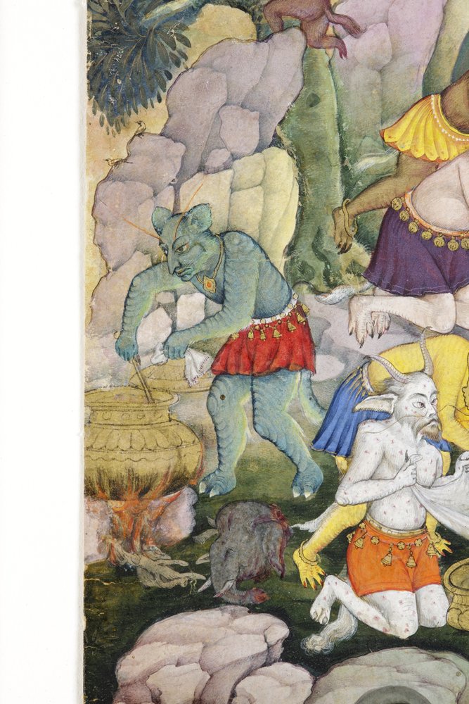 Detalle de Demonios en un paisaje salvaje, c.1600 (acuarela opaca y oro sobre papel) de Indian School