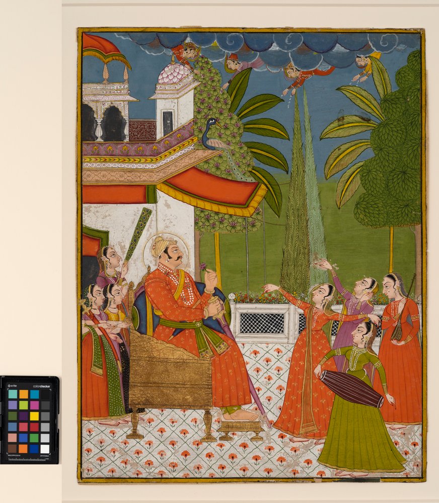 Un raja en un trono siendo entretenido por bailarines y músicos, c.1775
