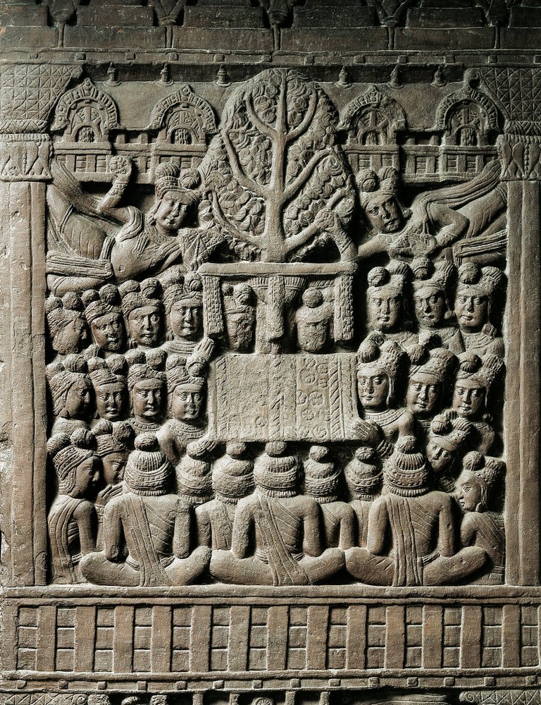 Arte indio, hinduismo: bajorrelieve que representa espíritus Yaksha, siglo II a.C. Kolkata, Museo Indio de Indian School