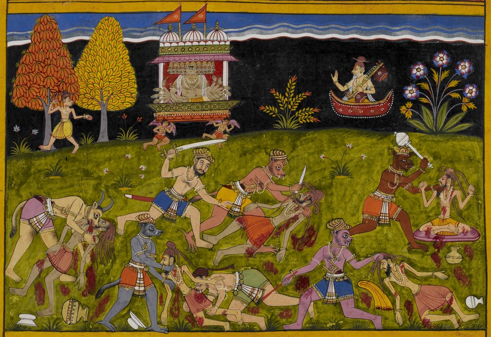 Nārada insta a Rāvaṇa a desafiar a Yama en lugar de a los mortales, mientras los demonios asolan a los rishis del bosque de Indian School