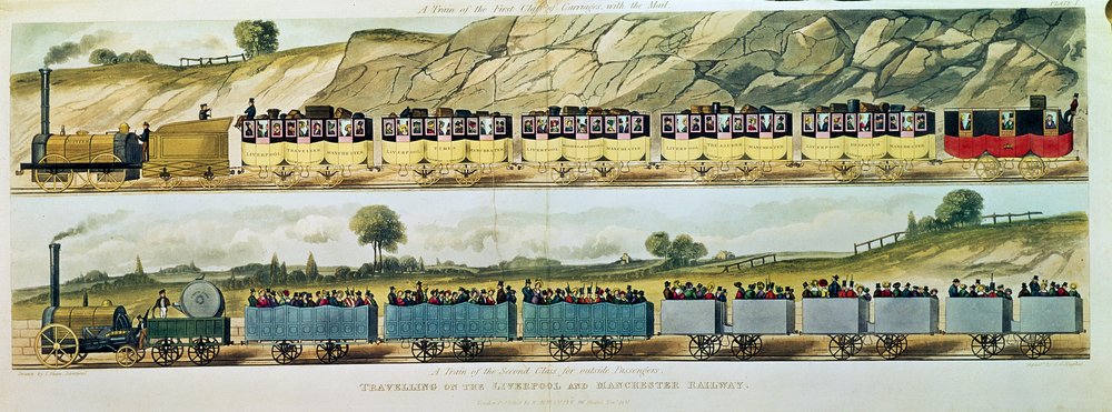 Viajando en el ferrocarril de Liverpool y Manchester: Un tren de la primera clase de vagones con el correo, y un tren de la segunda clase para pasajeros exteriores, grabado por S.G. Hughes, pub. por R. A de Isaac Shaw