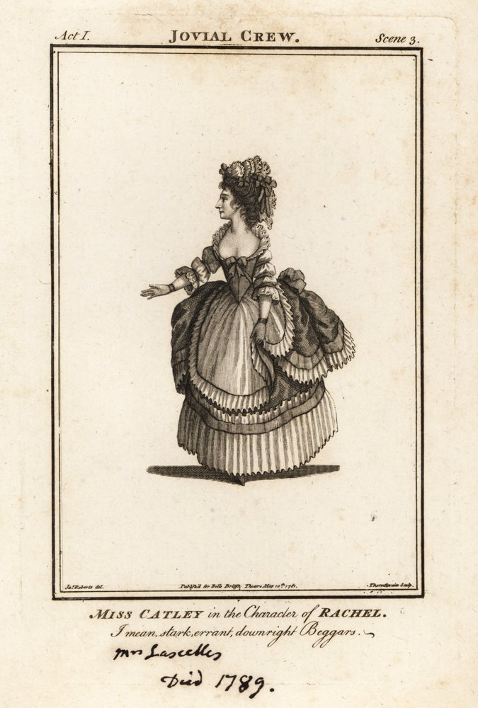 La señorita Ann Catley en el personaje de Rachel en Richard Bromes The Jovial Crew, Teatro Covent Garden de J. Thornthwaite