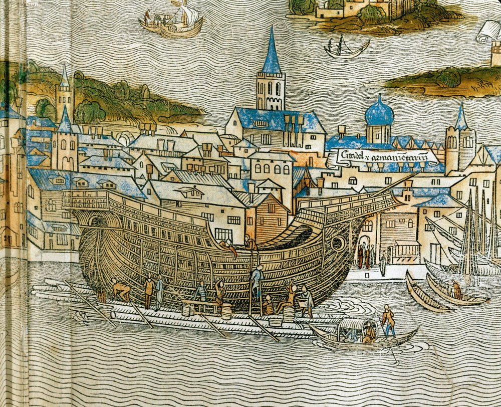 Construcción de una galera en un astillero de Venecia, de Peregrinatio in Terram Sanctam, impreso por primera vez en latín en 1486 ... (xilografía) de Jacopo de